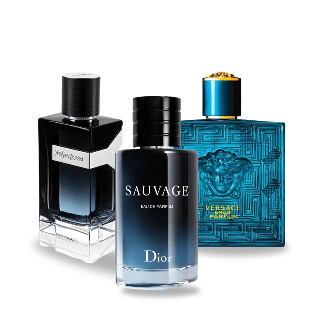 Paquete de 3 perfumes: Dior SAUVAGE, Yves Saint Laurent Y MEN, Versace EROS