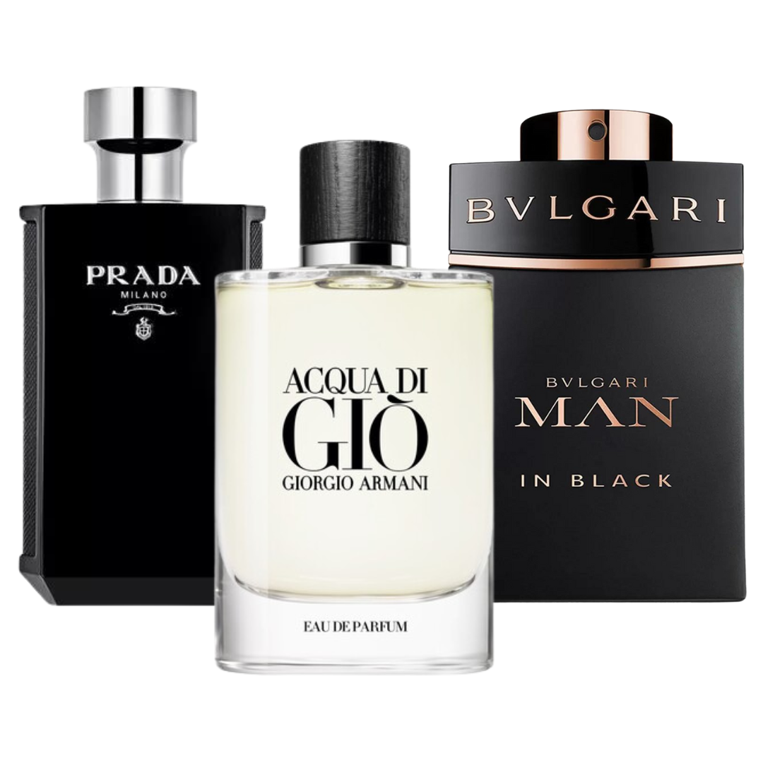 Paquete de 3 perfumes: Bvlgari In Black, Giorgio Armani Acqua Di Gio, L'Homme Prada Intense (Eau de Parfum)