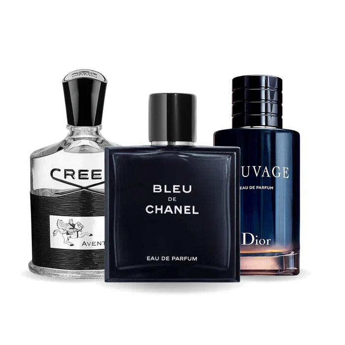Paquete de 3 perfumes: Creed AVENTUS, BLEU DE CHANEL e Dior SAUVAGE 100ml